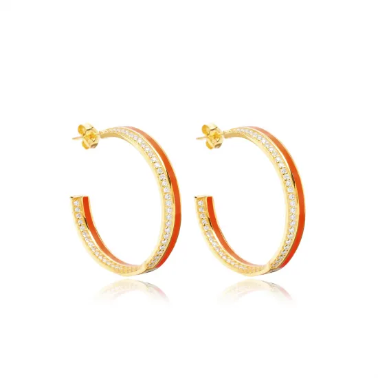 Orange Color Enamel Clear CZ Stone Hoop Earrings Turkish Handcrafted 925 Silver Sterling Jewelry Orange Color Enamel Clear CZ Stone Hoop Earrings Turkish Handcrafted 925 Silver Sterling Jewelry
