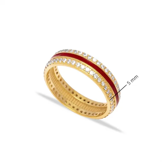 Red Color Enamel White CZ Band 925 Sterling Silver Ring