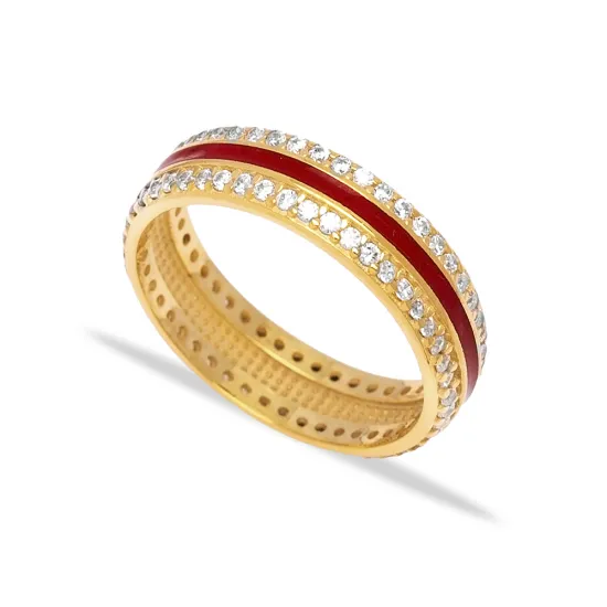 Red Color Enamel White CZ Band 925 Sterling Silver Ring