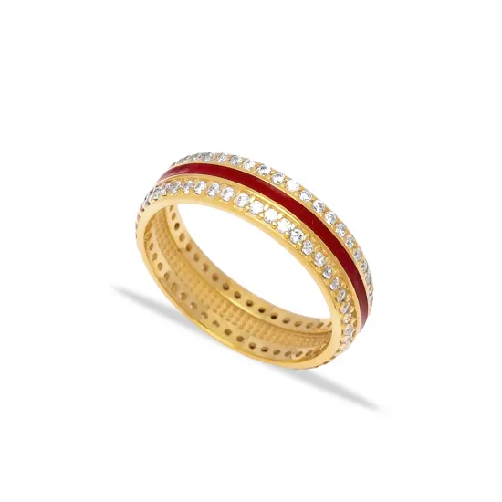 Red Color Enamel White CZ Band 925 Sterling Silver Ring
