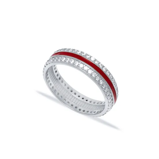Red Color Enamel White CZ Band 925 Sterling Silver Ring