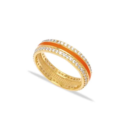 Orange Color Enamel White CZ Stone Band Ring Handmade Wholesale 925 Sterling Silver Jewelry