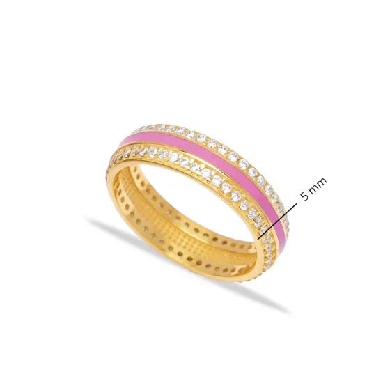 Pink Color Enamel White CZ Band Sterling Silver Ring
