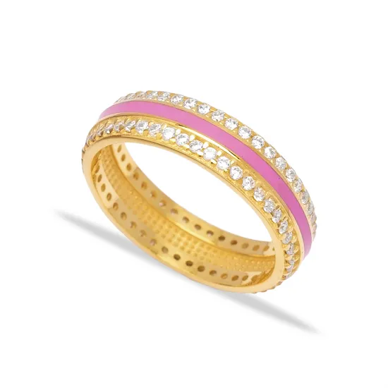 Pink Color Enamel White CZ Band Sterling Silver Ring
