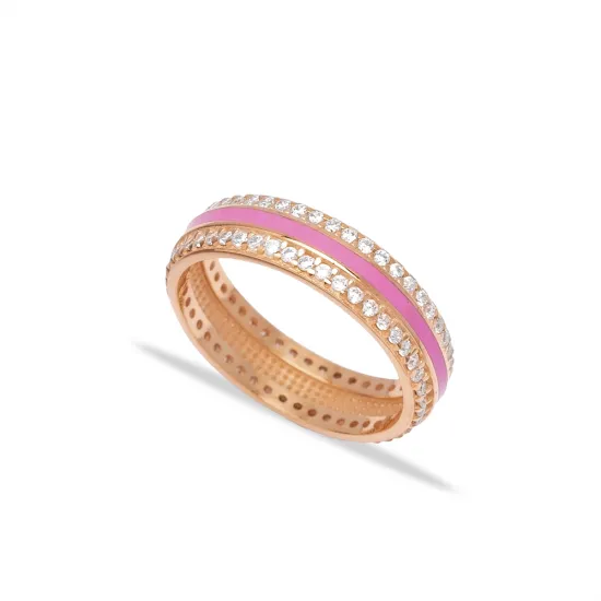 Pink Color Enamel White CZ Band Sterling Silver Ring