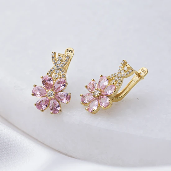 Pink Quartz CZ Flower Dangle Sterling Silver Earrings Pink Quartz CZ Flower Dangle Sterling Silver Earrings