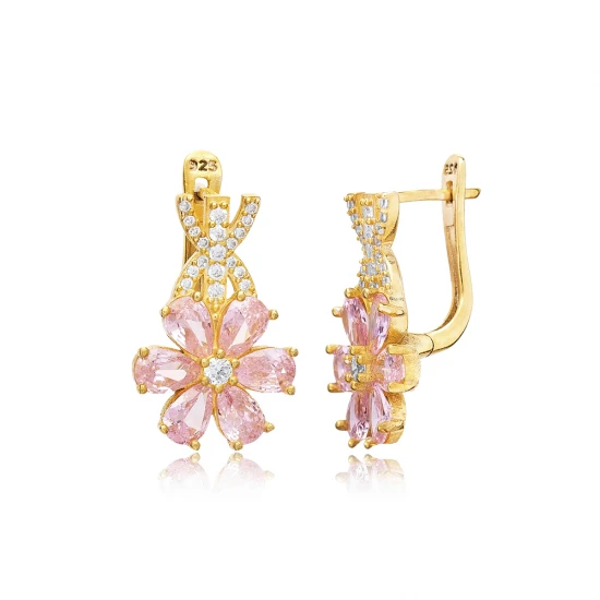 Pink Quartz CZ Flower Dangle Sterling Silver Earrings Pink Quartz CZ Flower Dangle Sterling Silver Earrings