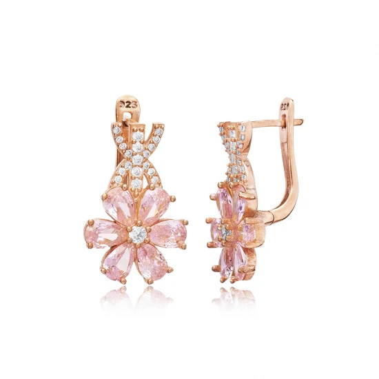 Pink Quartz CZ Flower Dangle Sterling Silver Earrings Pink Quartz CZ Flower Dangle Sterling Silver Earrings