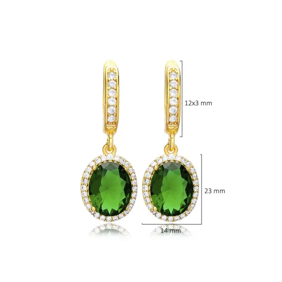 Oval Shape Emerald CZ Dangle Sterling Silver Earrings