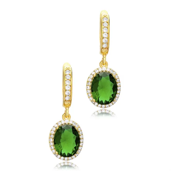 Oval Shape Emerald CZ Dangle Sterling Silver Earrings