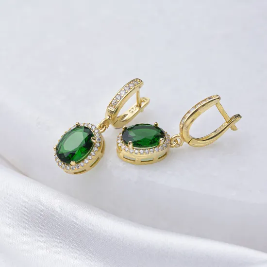 Oval Shape Emerald CZ Dangle Sterling Silver Earrings