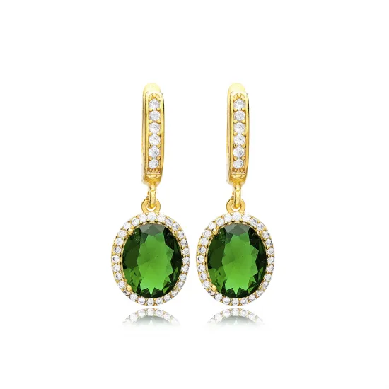 Oval Shape Emerald CZ Dangle Sterling Silver Earrings