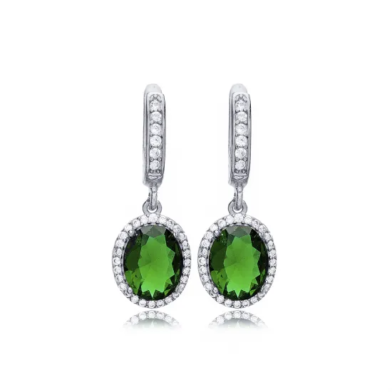 Oval Shape Emerald CZ Dangle Sterling Silver Earrings