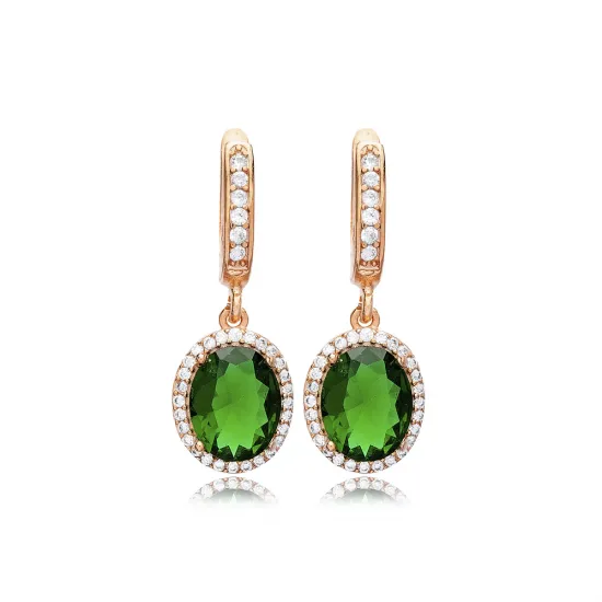 Oval Shape Emerald CZ Dangle Sterling Silver Earrings