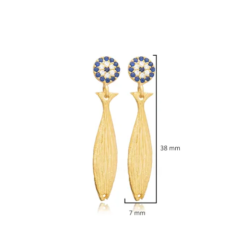 Round Shape Evil Eye CZ Fish Long Silve Silver Earrings Round Shape Evil Eye CZ Fish Long Silve Silver Earrings