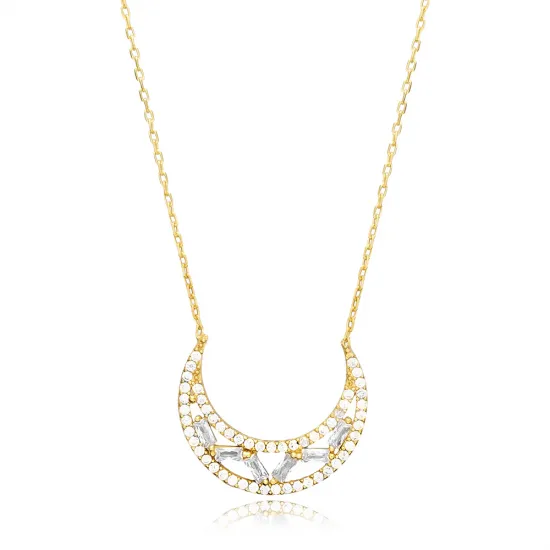 Baguette CZ Stone Moon Design Charm Necklace Wholesale Turkish 925 Sterling Sİlver Jewelry Baguette CZ Stone Moon Design Charm Necklace Wholesale Turkish 925 Sterling Sİlver Jewelry