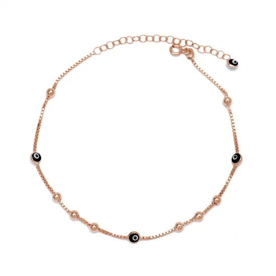 Black Evil Eye Stone Ball Square Chain Silver Anklet