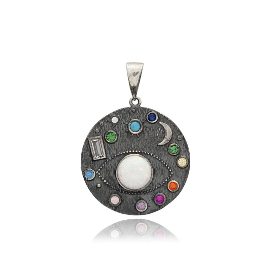 Oxidized Galaxy Stars Opal Medallion 925 Silver Pendant Oxidized Galaxy Stars Opal Medallion 925 Silver Pendant
