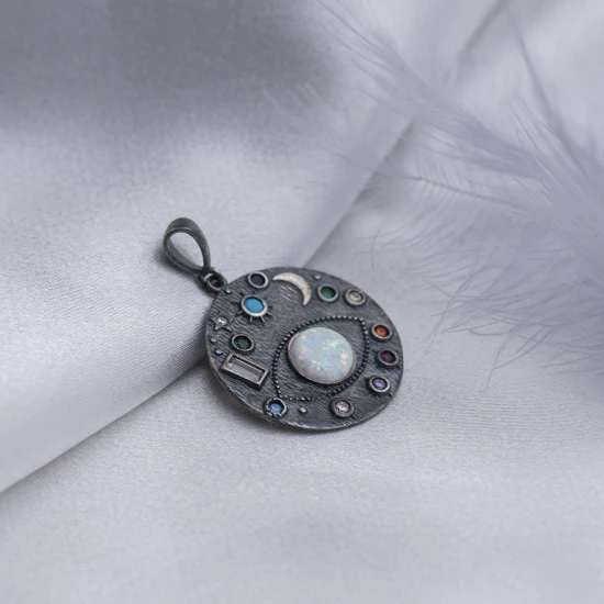 Oxidized Galaxy Stars Opal Medallion 925 Silver Pendant Oxidized Galaxy Stars Opal Medallion 925 Silver Pendant