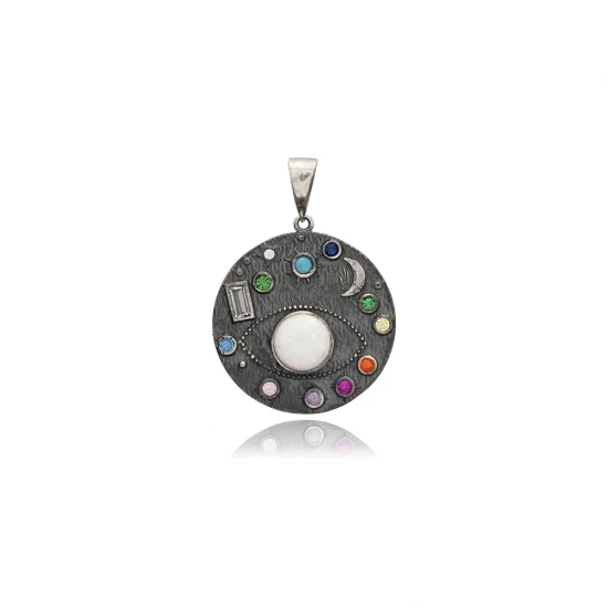 Oxidized Galaxy Stars Opal Medallion 925 Silver Pendant Oxidized Galaxy Stars Opal Medallion 925 Silver Pendant