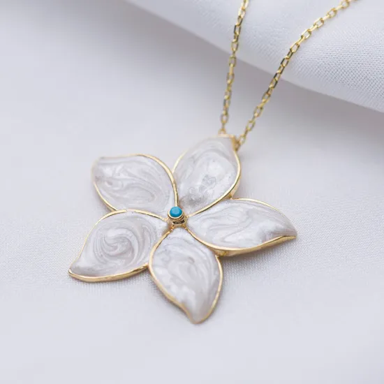 Ø27 mm Star Flower Charm Mother of Pearl Enamel Turquoise Stone Charm Necklace Handmade Wholesale 925 Sterling Silver Ø27 mm Star Flower Charm Mother of Pearl Enamel Turquoise Stone Charm Necklace Handmade Wholesale 925 Sterling Silver