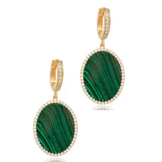 Malachite CZ Stone Oval Design Turkish Handmade Jewelry Wholesale 925 Sterling Silver Dangle Earring