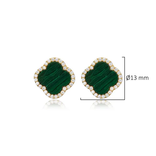 Clover Shape Malachite And CZ Sterling Silver Earrings Clover Shape Malachite And CZ Sterling Silver Earrings