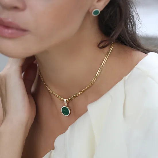 New Trend Round Shape Malachite CZ 925 Silver Necklace New Trend Round Shape Malachite CZ 925 Silver Necklace