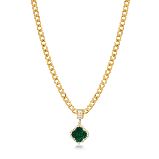 Clover Malachite CZ 925 Sterling Silver Necklace | 925 Sterling Silver Wholesale | Sade Silver Clover Malachite CZ 925 Sterling Silver Necklace - Sade 925 Silver Jewelry
