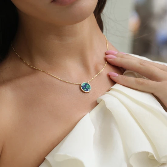 CZ Azurite Round Shape 925 Sterling Silver Necklace
