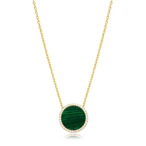 Ø15 mm Round Shape Malachite and CZ Stone 925 Sterling Silver Charm Necklace Handmade Jewelry Wholesale