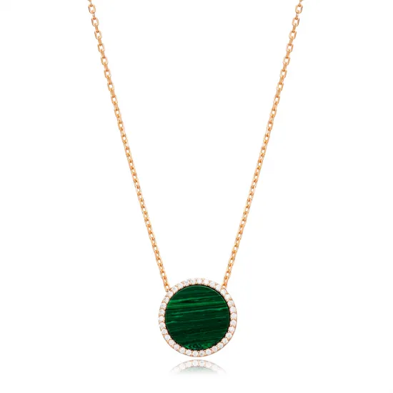 Ø15 mm Round Shape Malachite and CZ Stone 925 Sterling Silver Charm Necklace Handmade Jewelry Wholesale Ø15 mm Round Shape Malachite and CZ Stone 925 Sterling Silver Charm Necklace Handmade Jewelry Wholesale