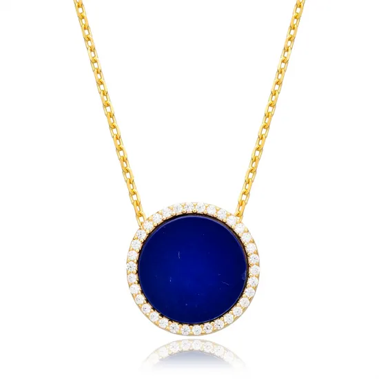 Lapis Lazuli And CZ Round 925 Sterling Silver Necklace