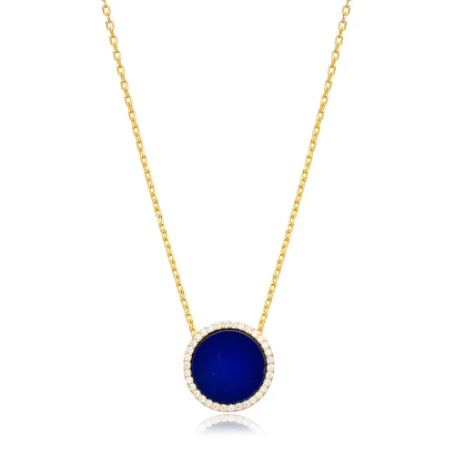 Lapis Lazuli And CZ Round 925 Sterling Silver Necklace