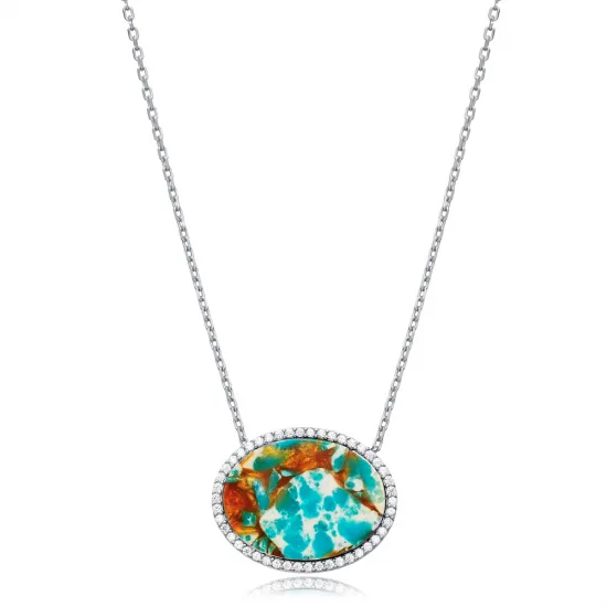 Turquoise CZ Oval 925 Sterling Silver Necklace