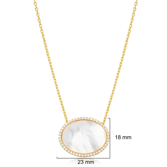 Mother of Pearl CZ Stone Oval Shape Turkish Jewelry Wholesale 925 Sterling Silver Charm Necklace