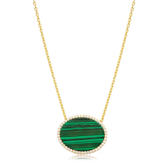 Malachite CZ Oval 925 Sterling Silver Necklace