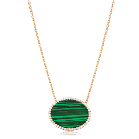 Malachite CZ Oval 925 Sterling Silver Necklace