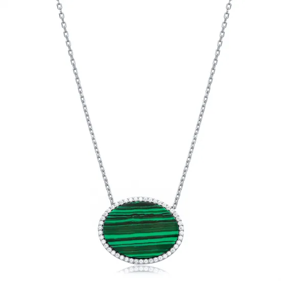 Malachite CZ Oval 925 Sterling Silver Necklace