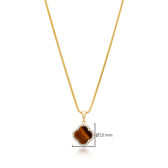 Tiger Eye CZ Clover Shape 925 Sterling Silver Necklace Tiger Eye CZ Clover Shape 925 Sterling Silver Necklace