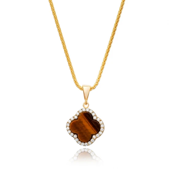 Tiger Eye CZ Clover Shape 925 Sterling Silver Necklace Tiger Eye CZ Clover Shape 925 Sterling Silver Necklace