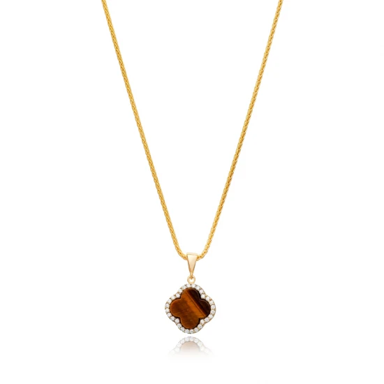 Tiger Eye CZ Clover Shape 925 Sterling Silver Necklace Tiger Eye CZ Clover Shape 925 Sterling Silver Necklace