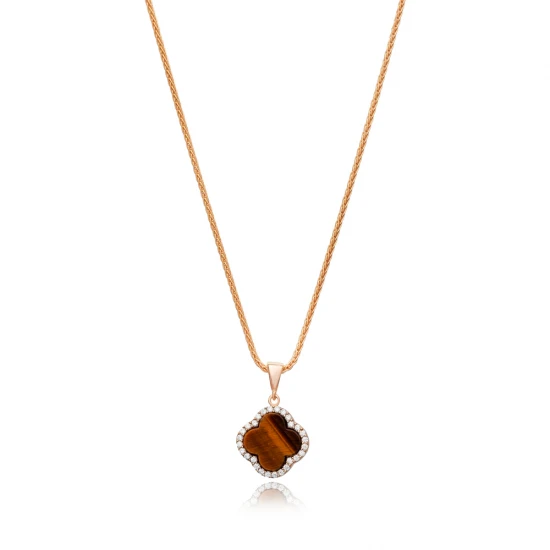 Tiger Eye CZ Clover Shape 925 Sterling Silver Necklace Tiger Eye CZ Clover Shape 925 Sterling Silver Necklace