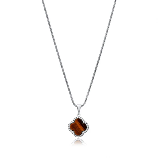 Tiger Eye CZ Clover Shape 925 Sterling Silver Necklace Tiger Eye CZ Clover Shape 925 Sterling Silver Necklace