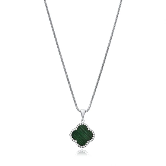 Malachite CZ Clover 925 Sterling Silver Necklace Malachite CZ Clover 925 Sterling Silver Necklace