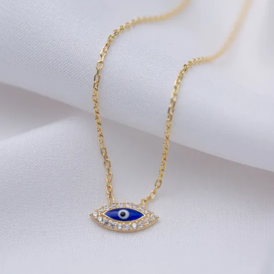 Tiny Dark Blue Enamel Evil Eye Sterling Silver Necklace