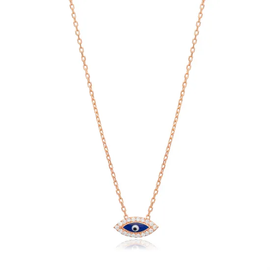 Tiny Dark Blue Enamel Evil Eye Sterling Silver Necklace
