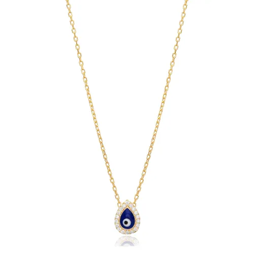 Pear Shape Dark Blue Enamel Evil Eye Silver Charm Necklace