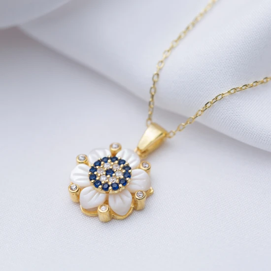 Flower Mother Of Pearl Evil Eye 925 Silver Necklace | 925 Sterling Silver Wholesale | Sade Silver Flower Mother Of Pearl Evil Eye 925 Silver Necklace - Sade 925 Silver Jewelry