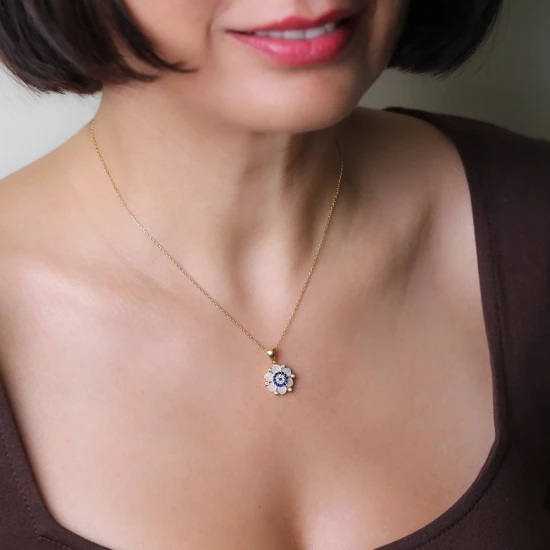 Flower Mother Of Pearl Evil Eye 925 Silver Necklace | 925 Sterling Silver Wholesale | Sade Silver Flower Mother Of Pearl Evil Eye 925 Silver Necklace - Sade 925 Silver Jewelry